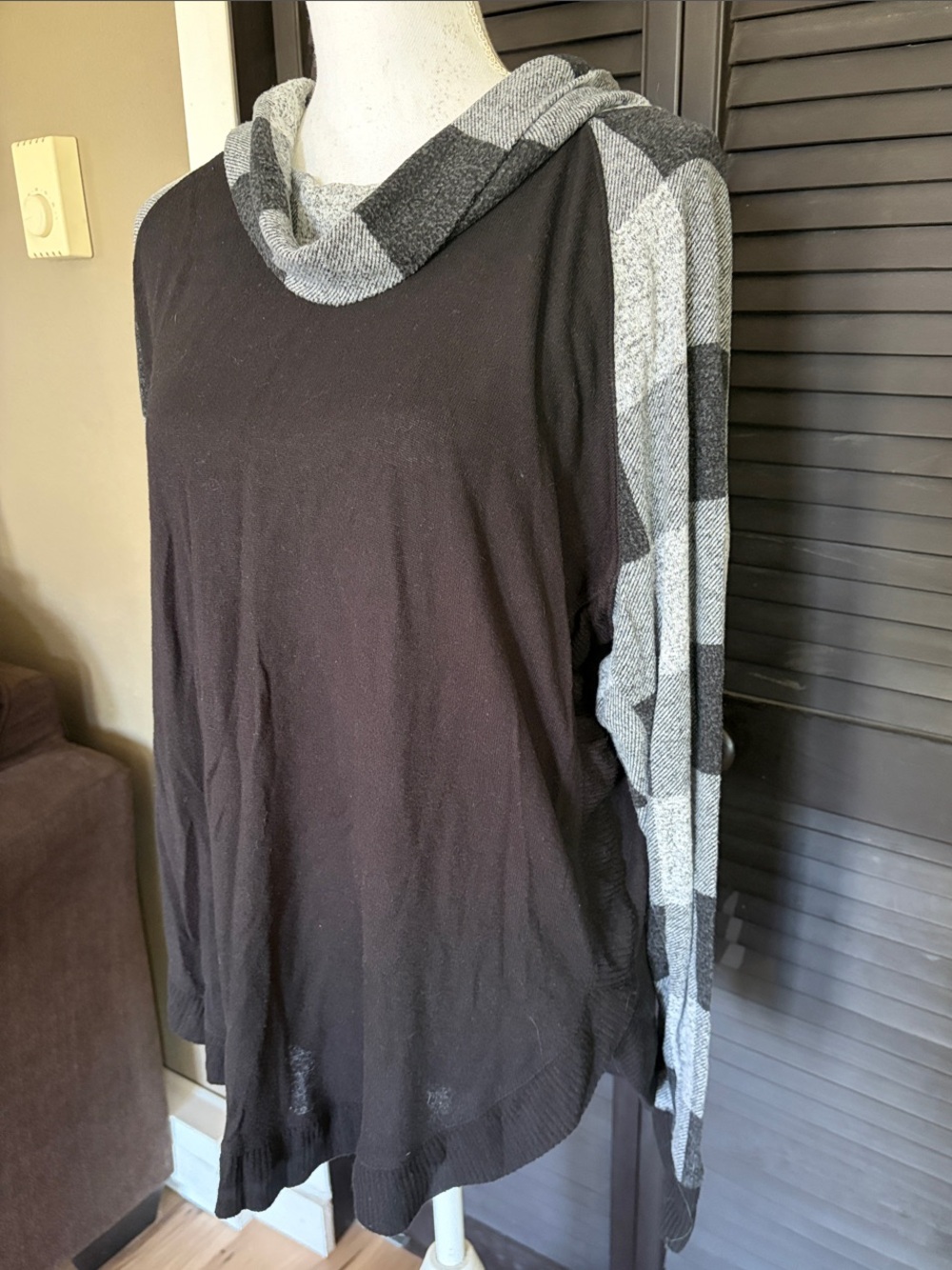 Maurice’s Black Sweater with Gray Plaid Cowl Neck Detail Size M